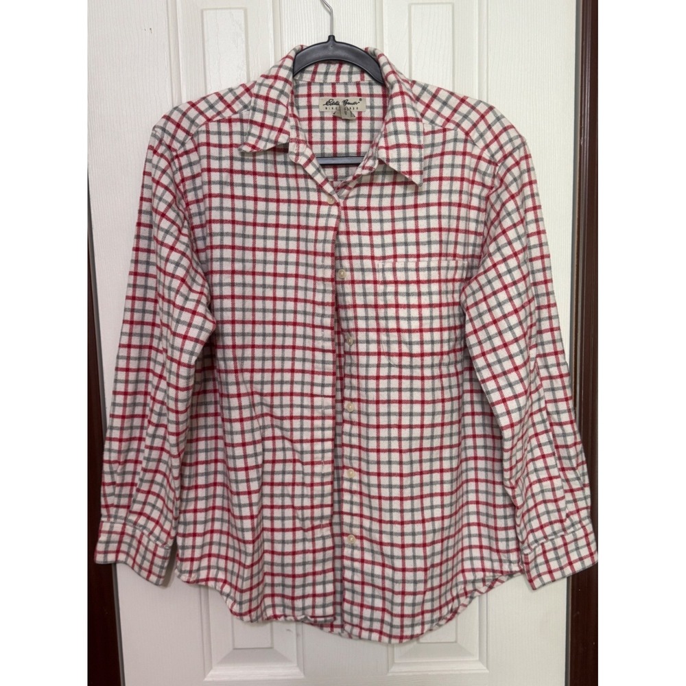 Eddie Bauer Womens Medium Red Gray Plaid Cotton Flannel Button Down Shirt